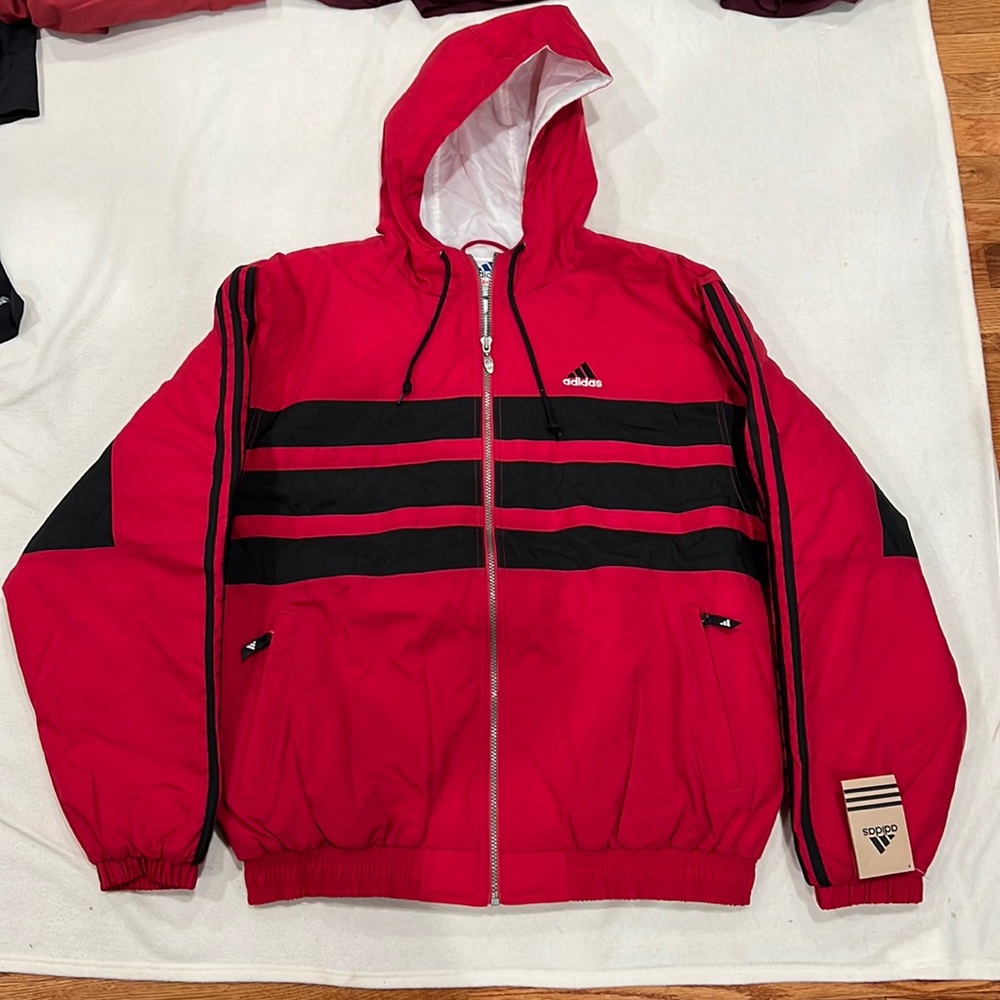 Adidas Vintage 90s MOBY Red Quilted Puffer Men's Jacket w/Hood Ruby Red